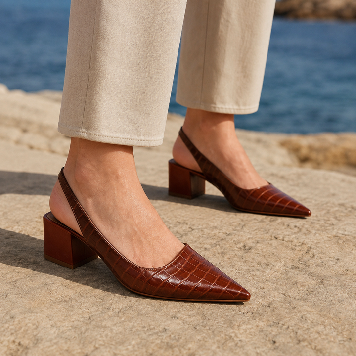 Women's Orthopaedic Croc-Embossed Slingback Block Heel Pumps Bellora – Brown – front