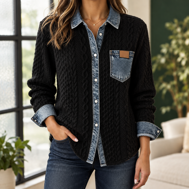 Women's Cable Knit Shacket with Denim Trim Sunniva – Black – front