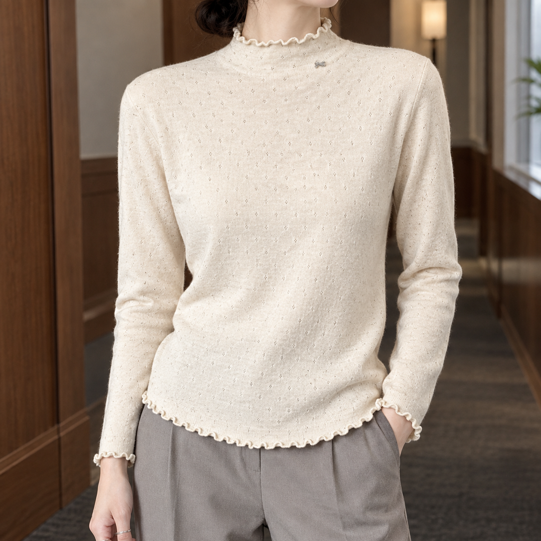 Women's Pointelle Mock Neck Jumper with Lettuce Edge Trim – Ishbel – Cream – front view
