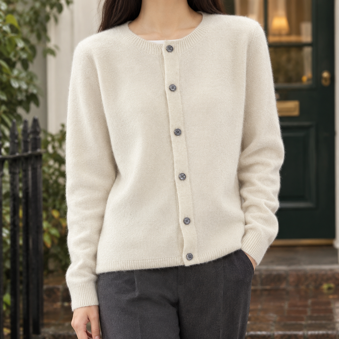 Women's Wool Crew Neck Button-Through Cardigan – Gwenllian – Cream – front view