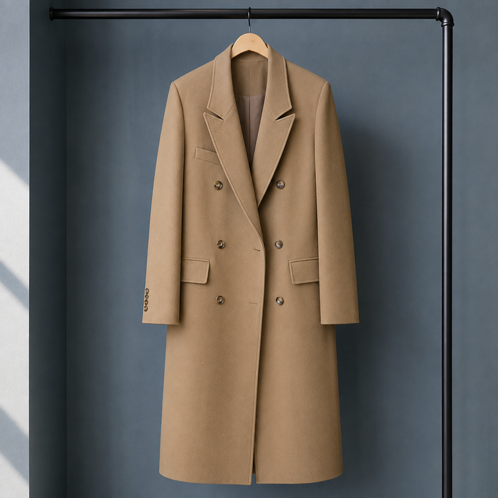 Women's Double-Breasted Longline Coat with Peak Lapels – Woolacombe – Camel – front view