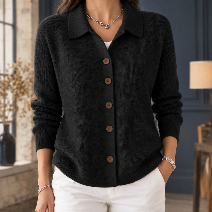 Women's wool collared cardigan Annis in Black – front view