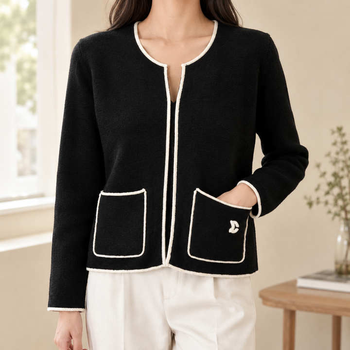 Women's collarless contrast trim cardigan Maureen in Black – front view