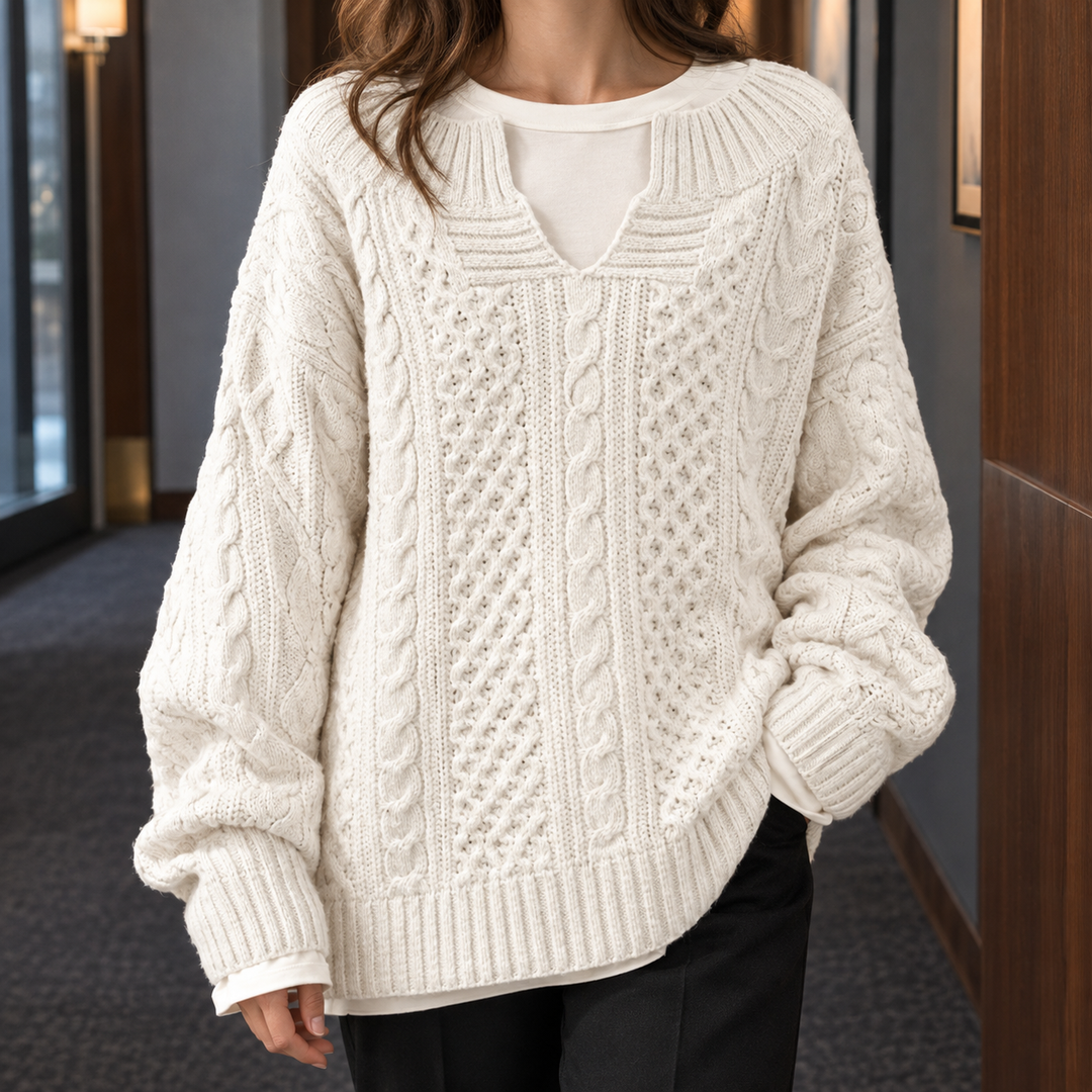 Women's Oversized Cable Knit Split Neck Jumper – Rhona – Ivory – front view