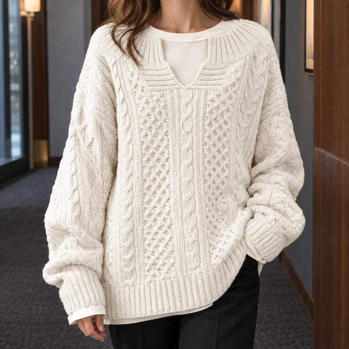 Women's Oversized Cable Knit Split Neck Jumper – Rhona – Ivory – front view