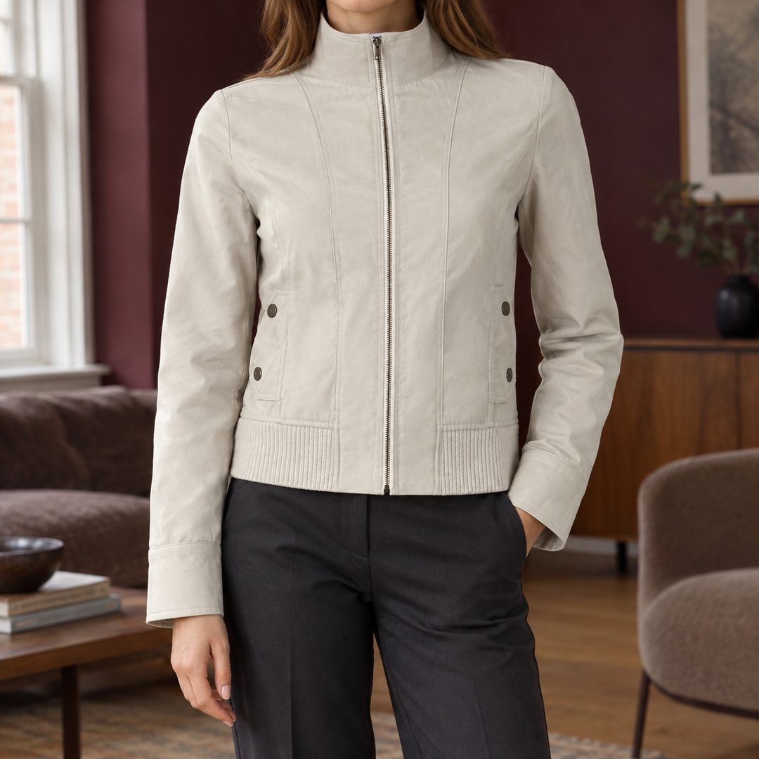 Wareham women's stand collar jacket in Ivory – front view