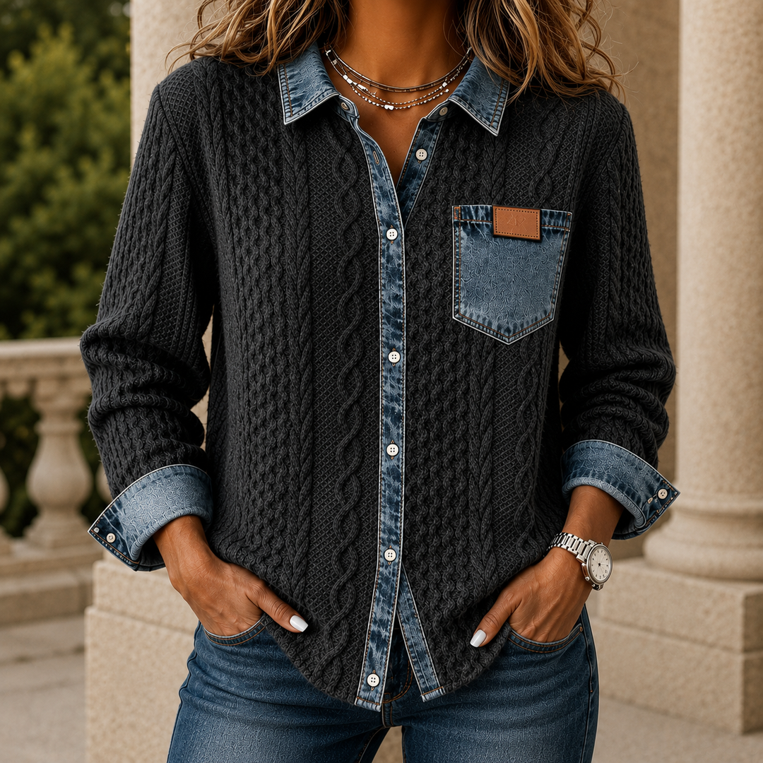 Women's Cable Knit Shacket with Denim Collar & Cuffs Oriana – Black – front