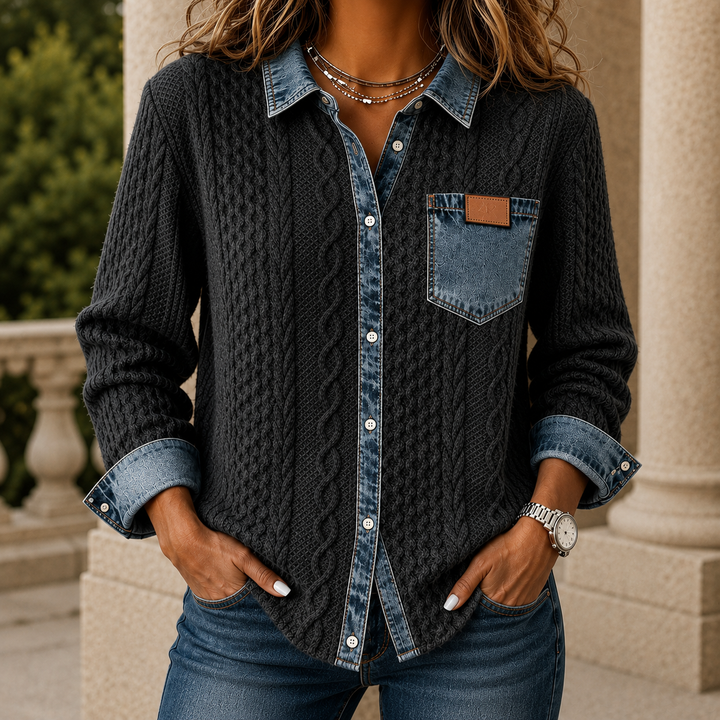 Women's Cable Knit Shacket with Denim Collar & Cuffs Oriana – Black – front