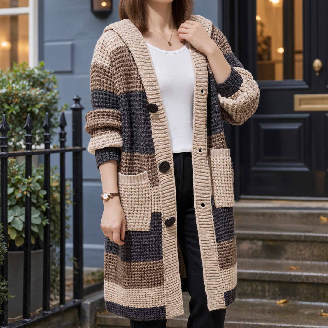 Calla - Women's hooded cardigan in Beige – front view