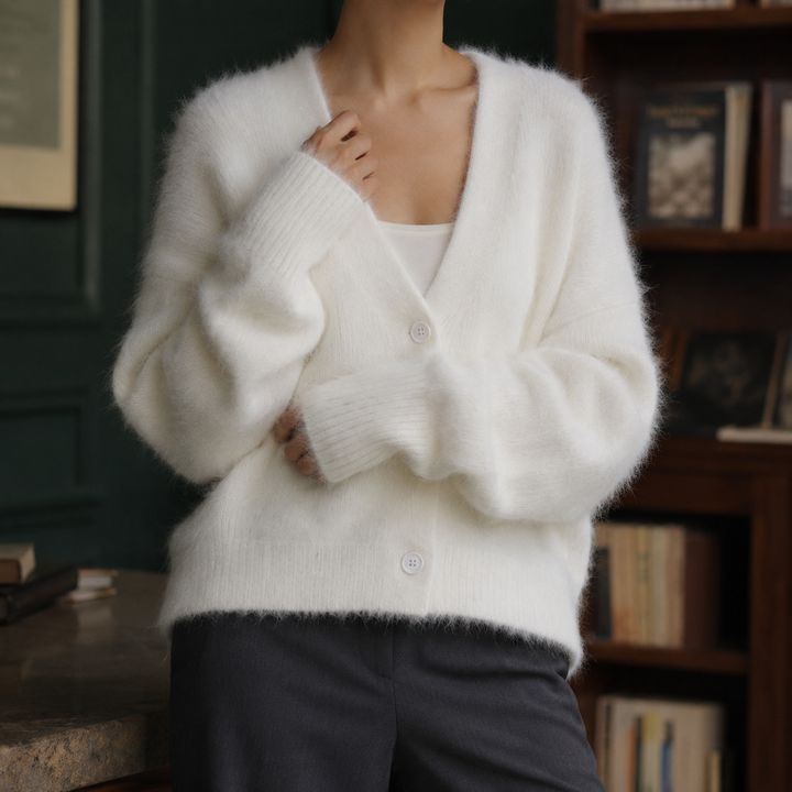 Women's fluffy V-neck cardigan Carrie in Ivory – front view
