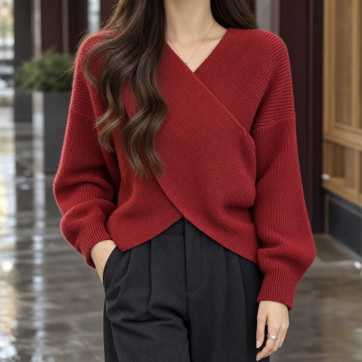 Anita - Women's crossover jumper in Red – front view
