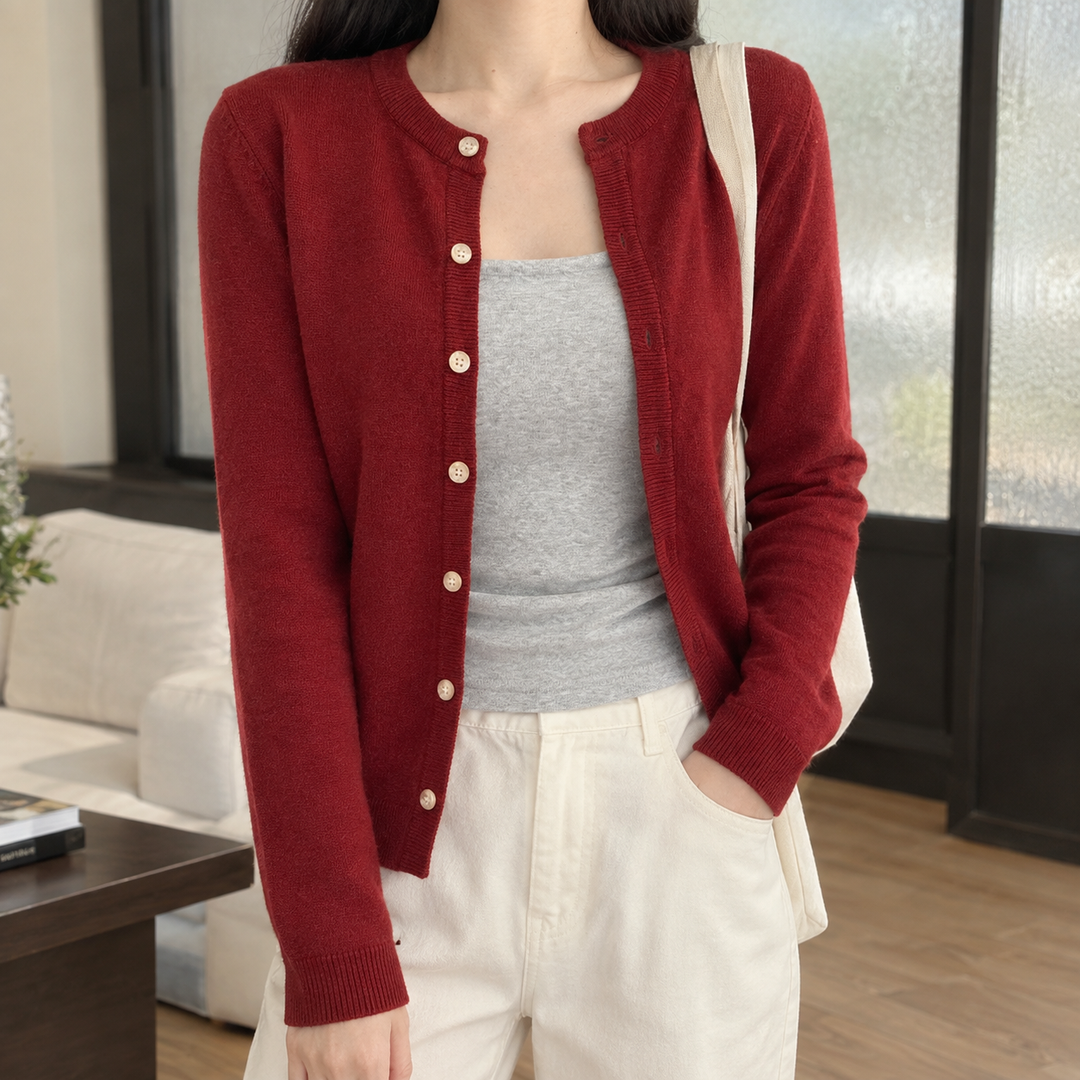 Women's Slim Fine Knit Crew Neck Button-Through Cardigan – Judith – Red – front view