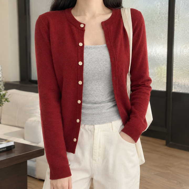 Women's Slim Fine Knit Crew Neck Button-Through Cardigan – Judith – Red – front view