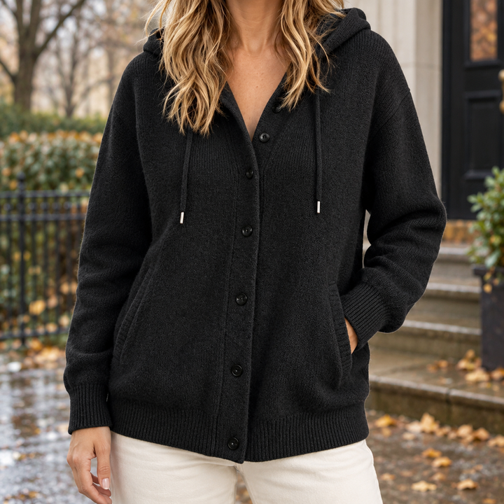 Damaris - Women's hooded cardigan in Black – front view
