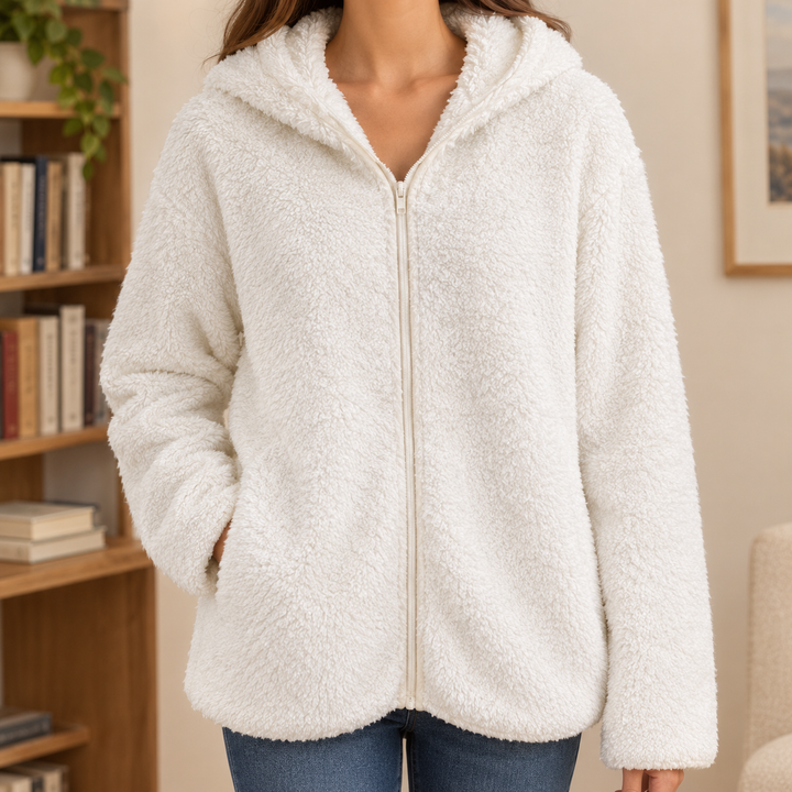 Abingdon women's hooded teddy jacket in Ivory – front view