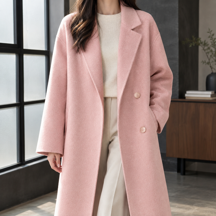 Women's Double-Breasted Wool-Blend Longline Coat Grasmere – Pink – front