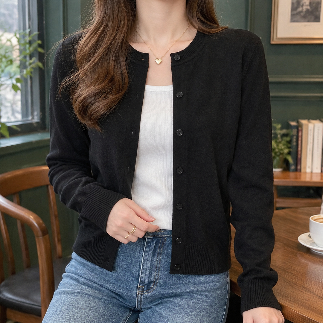 Eleri - Women's fine knit cardigan in Black – front view