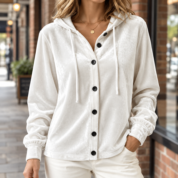 Women's Hooded Velvet Shacket with Drawstring Kerenza – White – front