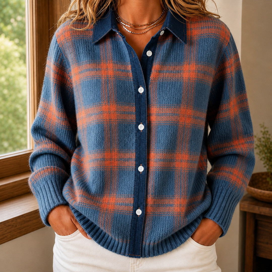 Aelwen - Women's check collared cardigan in Blue – front view
