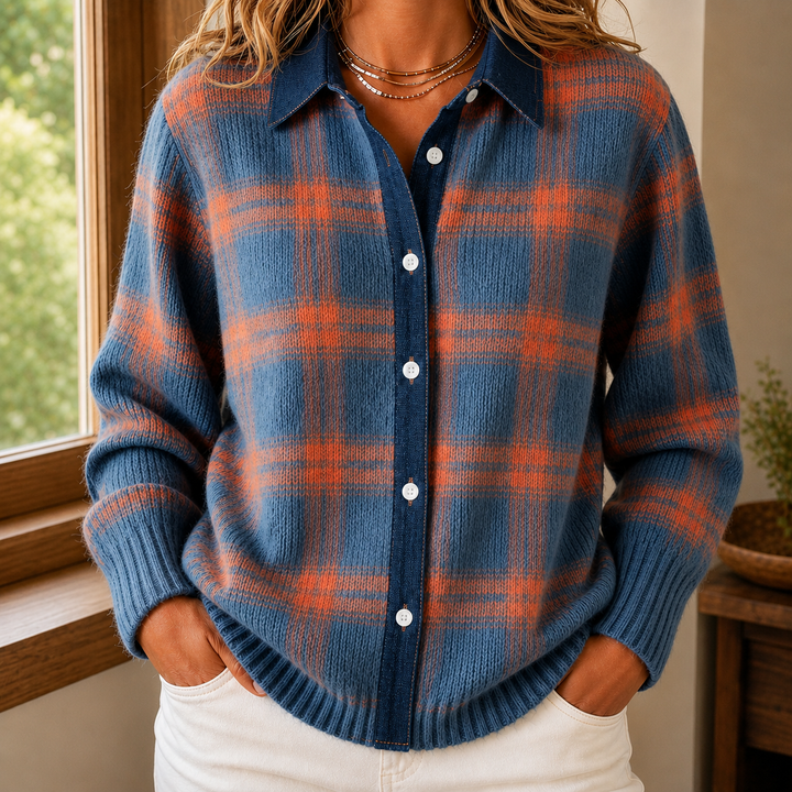 Aelwen - Women's check collared cardigan in Blue – front view
