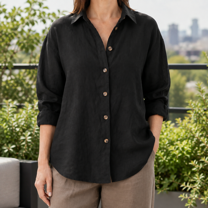Women's Relaxed Linen-Look Button-Up Shirt Brigitta – Black – front