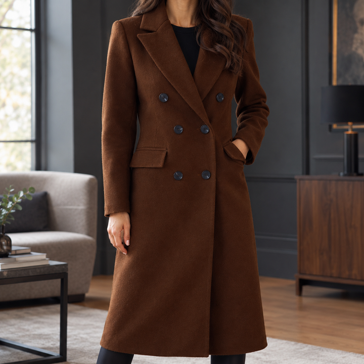Dunbar women's soft-touch overcoat in Dark Brown – front view