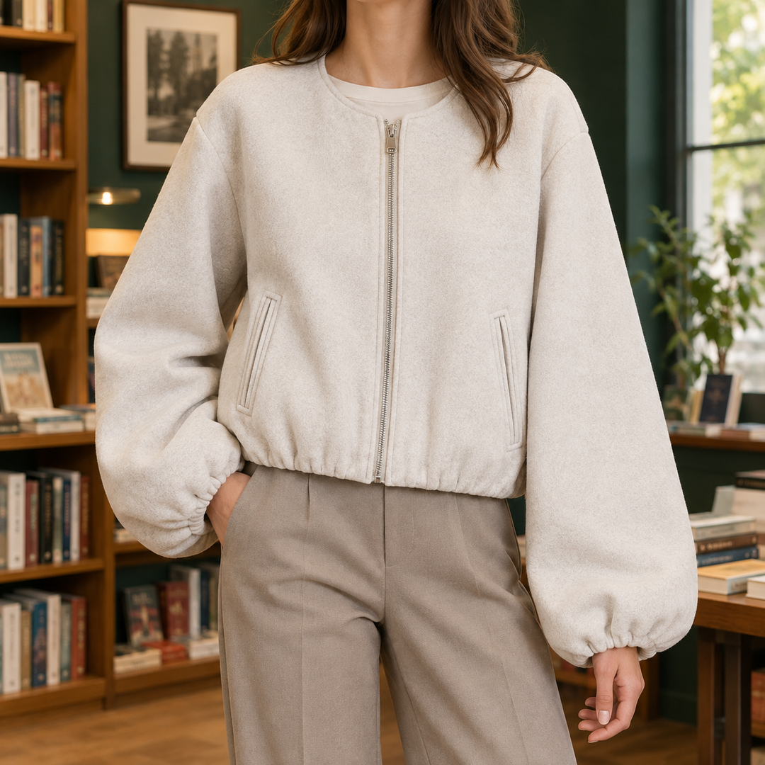 Beccles women's cropped bomber jacket in Ivory – front view