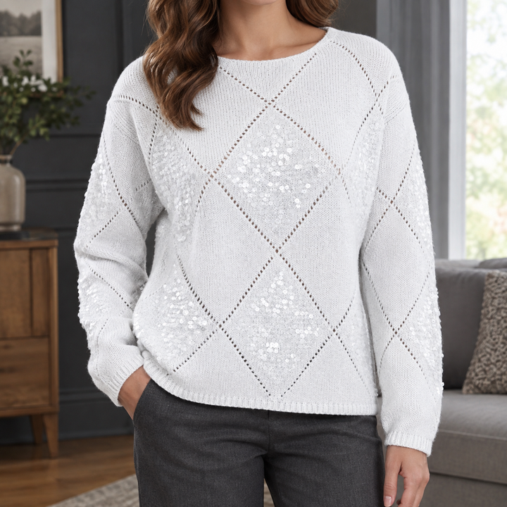 Women's Sequin Openwork Argyle Crew Neck Jumper – Candida – White – front view