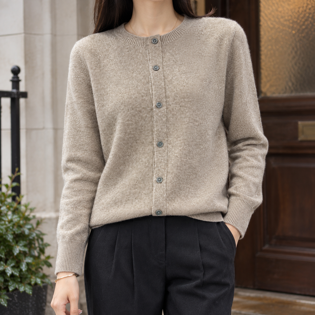 Women's wool-rich cardigan Paulette in Taupe – front view