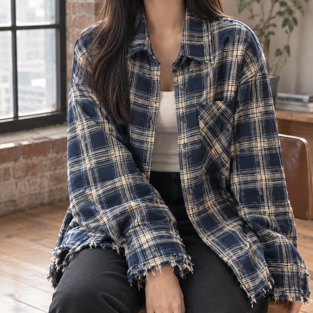 Women's Oversized Check Shacket with Frayed Hem – Clio – Navy Check – front view