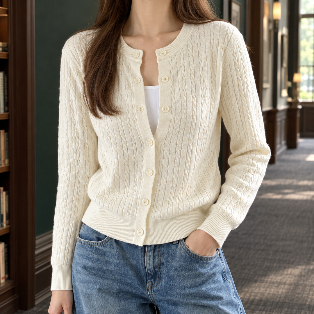 Women's Fine Cable Knit Crew Neck Button-Through Cardigan – Ceridwen – Ivory – front view