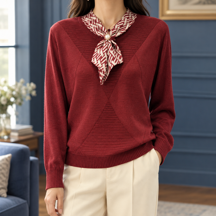 Women's Fine Knit Jumper with Scarf Neck Tie – Marcelle – Red – front view