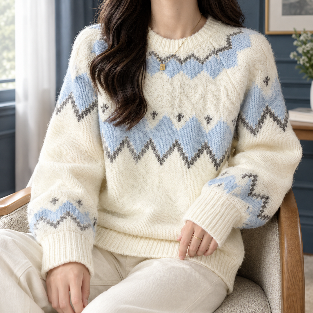 Eunice - Women's Fair Isle jumper in Light Blue – front view