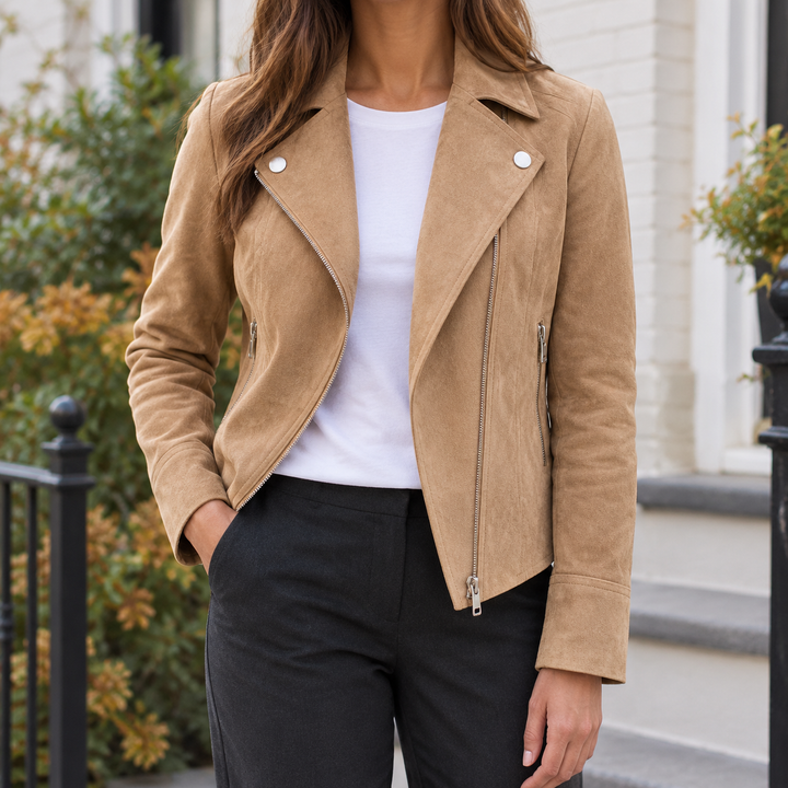 Burnham women's biker jacket in Tan – front view