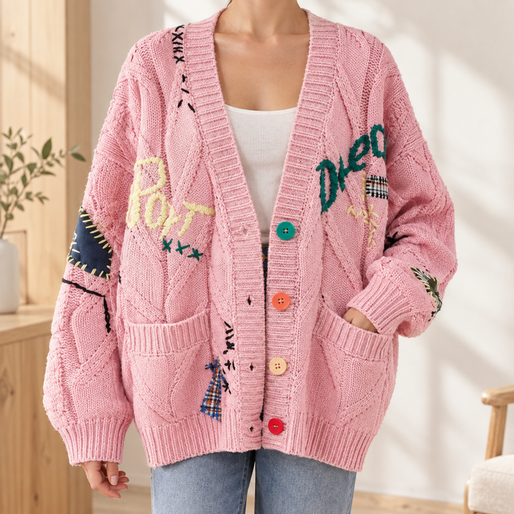 Women's Oversized Chunky Cable Knit Embroidered V-Neck Cardigan – Mabyn – Pink – front view