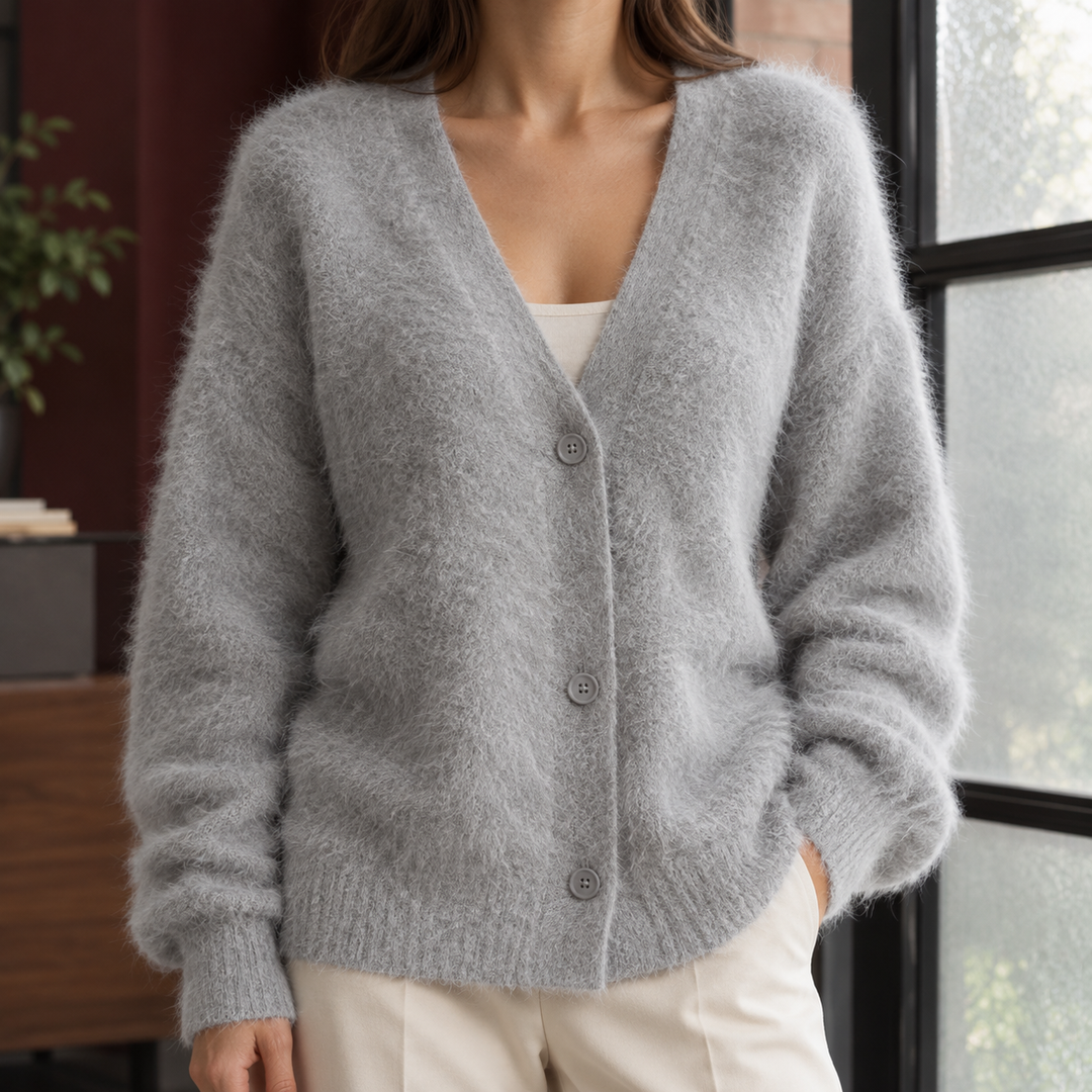 Women's Oversized Fluffy Wool-Blend V-Neck Cardigan – Georgette – Grey – front view