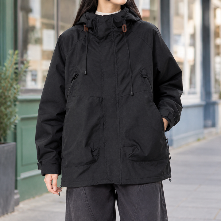 Women's Hooded Utility Jacket with Drawcord Hood – Ulverston – Black – front view