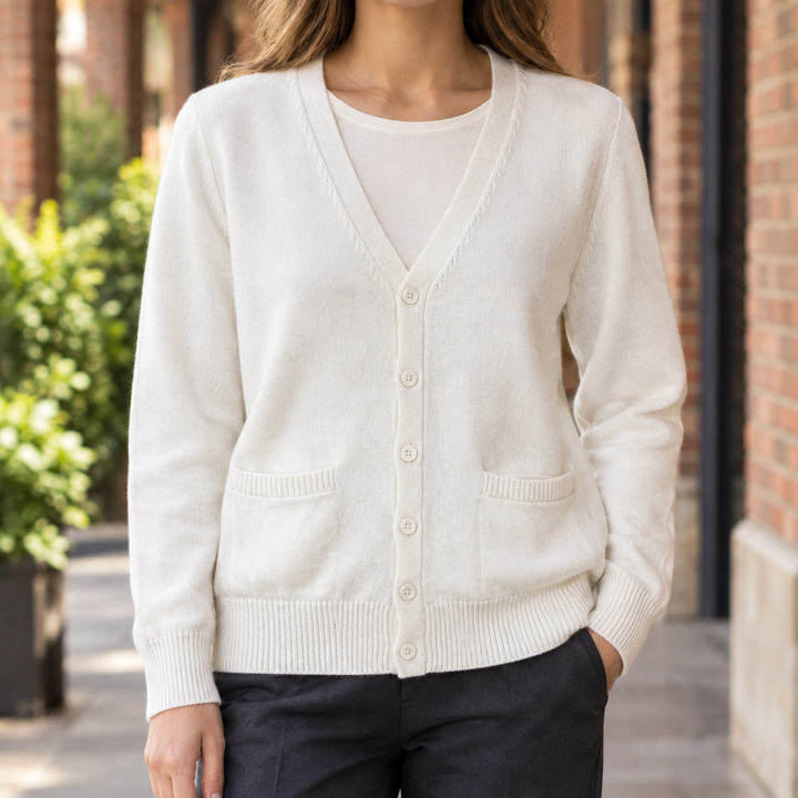 Eluned - Women's V-neck cardigan in White – front view