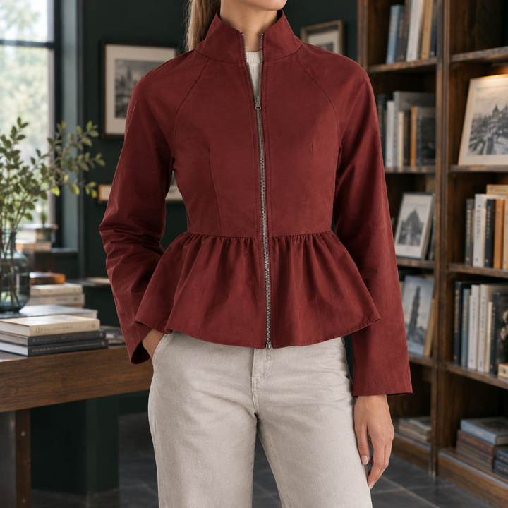 Knutsford women's peplum jacket in Burgundy – front view