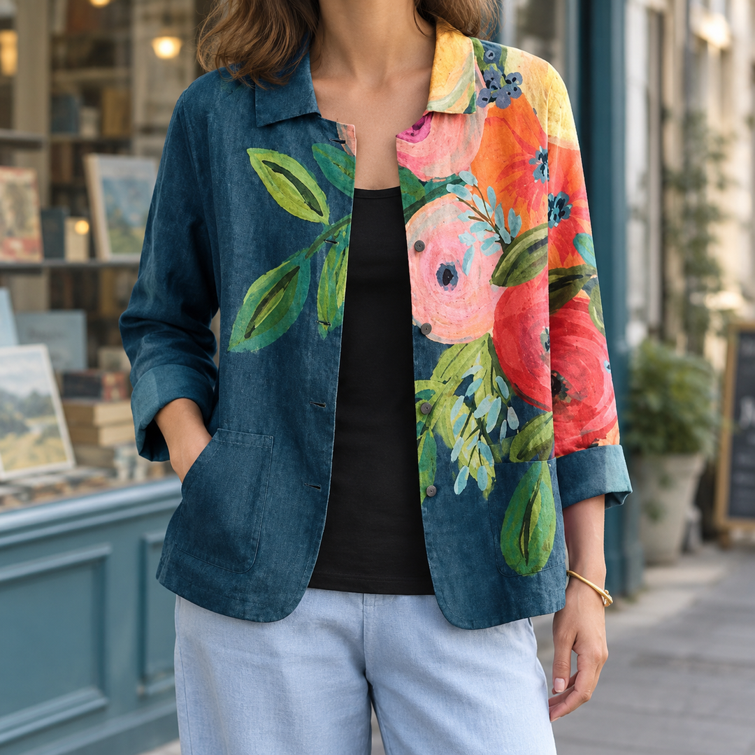 Women's Painterly Floral Print Denim Shirt April – Denim Floral – front