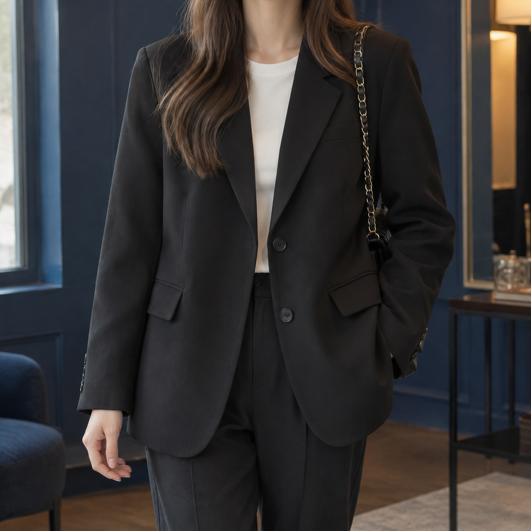 Women's Relaxed Two-Button Blazer with Flap Pockets – Lostwithiel – Black – front view