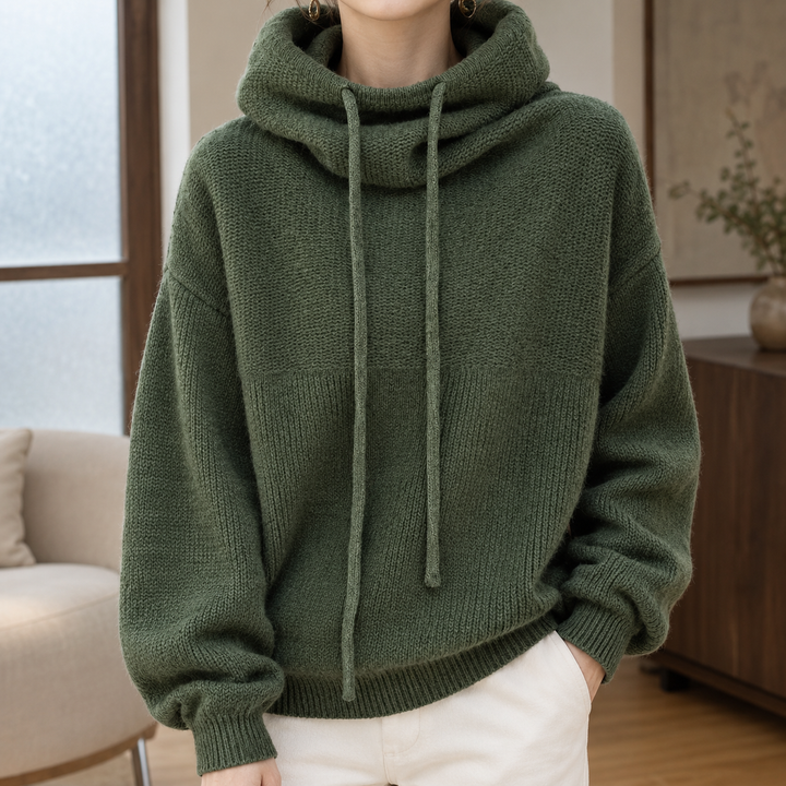 Women's Oversized Cowl Neck Knitted Hoodie with Drawstrings – Edna – Pine Green – front view