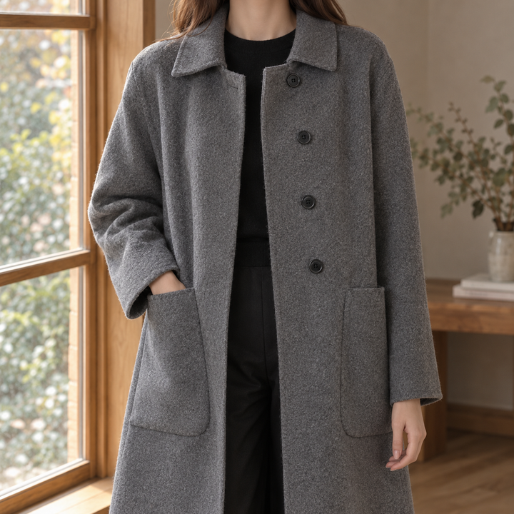 Lyme women's longline wool coat in Grey – front view