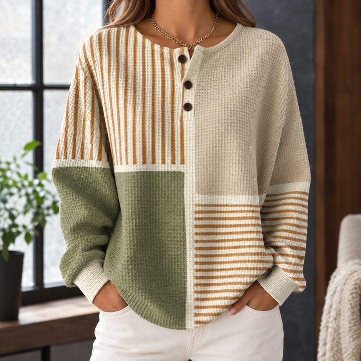 Women's Oversized Patchwork Waffle Knit Henley Jumper – Ianthe – Multicolour – front view