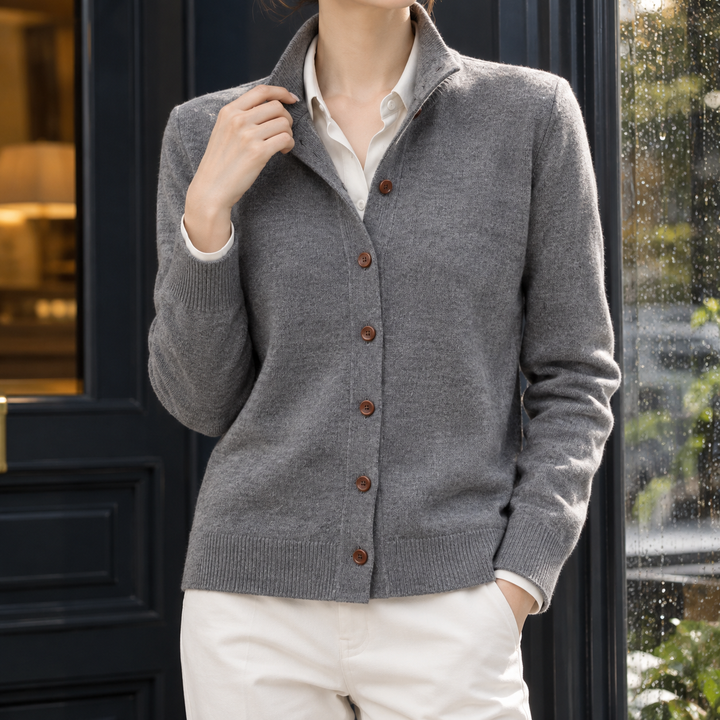Delyth - Women's collared cardigan in Grey Marl – front view