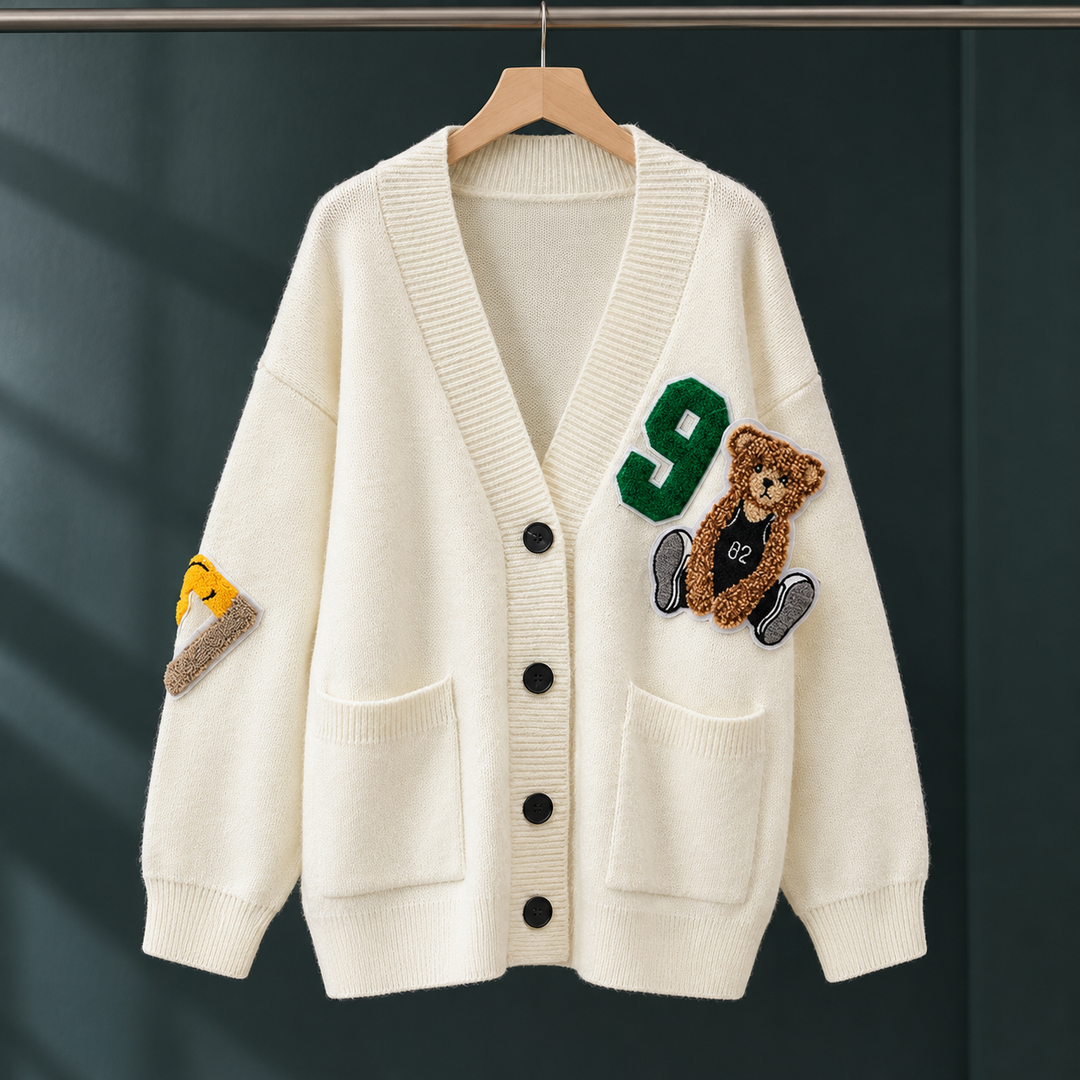 Robyn - Women's bear appliqué cardigan in Ivory – front view