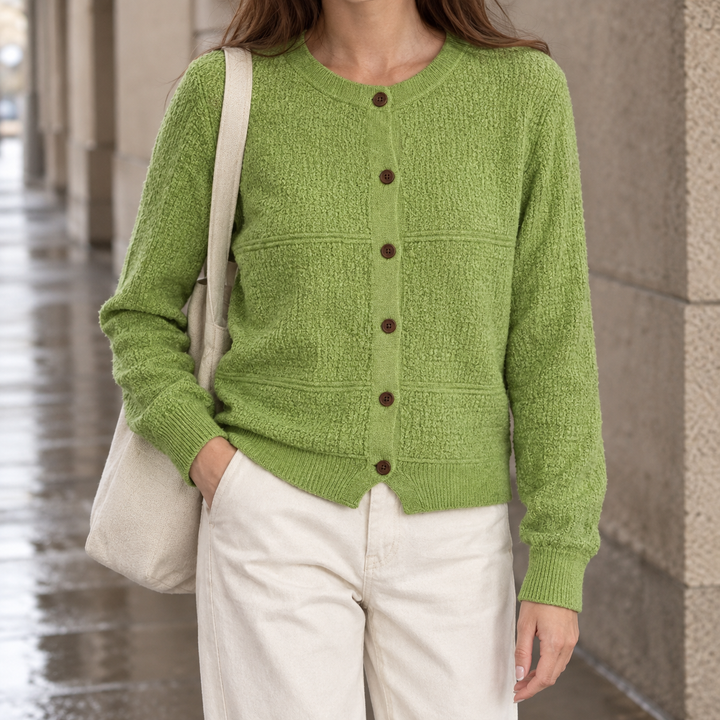Women's Textured Knit Crew Neck Cardigan with Contrast Buttons – Jenifry – Green – front view