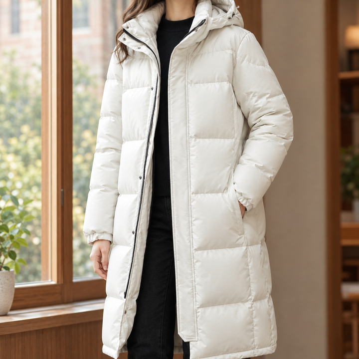 Weymouth women's puffer coat in Ivory – front view
