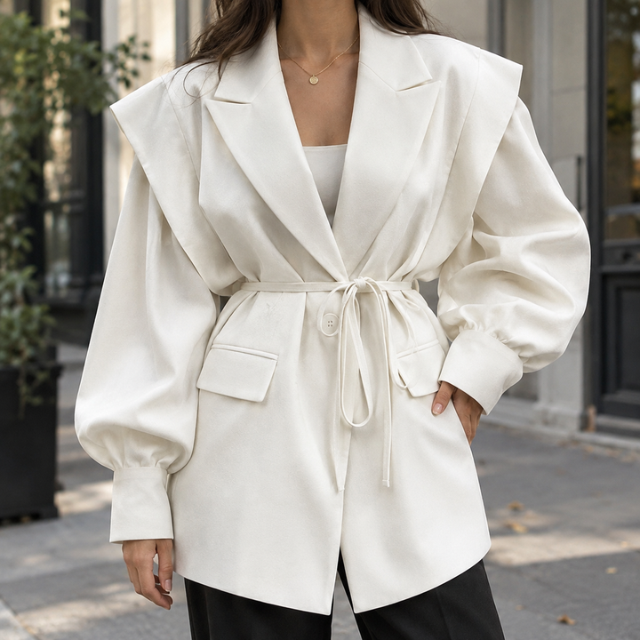 Peebles women's belted blazer in Ivory – front view