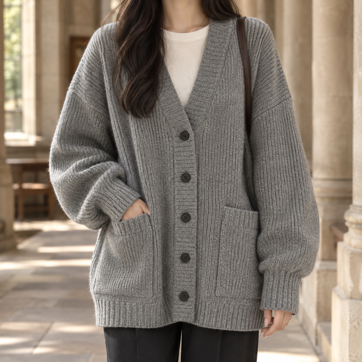 Morag - Women's ribbed cardigan in Grey – front view
